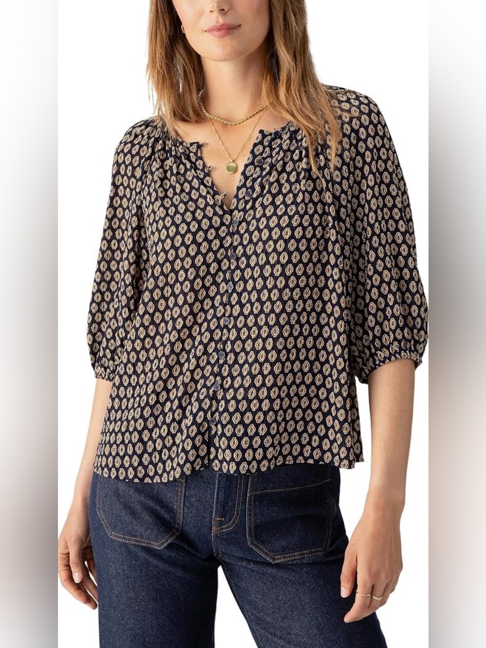 Sanctuary Navy Blouse with Cream Medallion Print